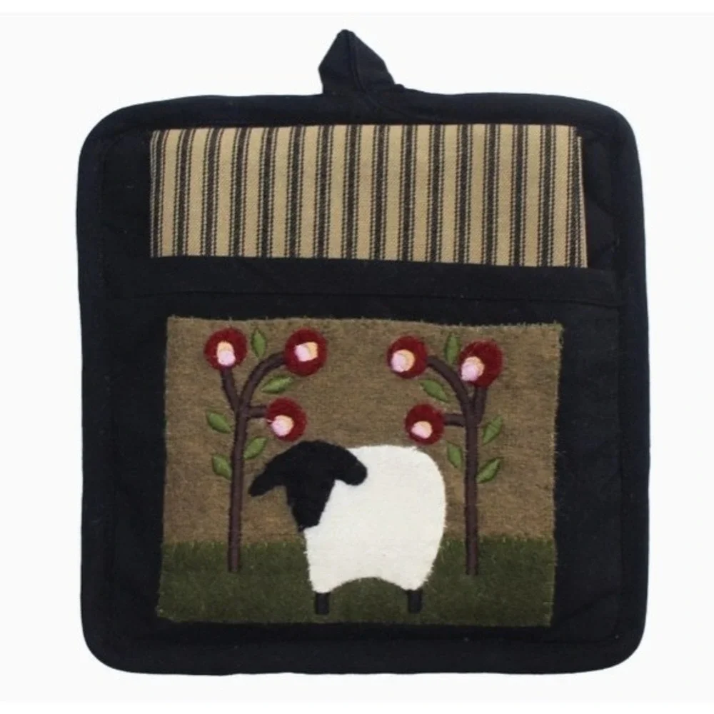 Primitive Sheep in the Grove Pocket Potholder & Linen Towel Set NEW